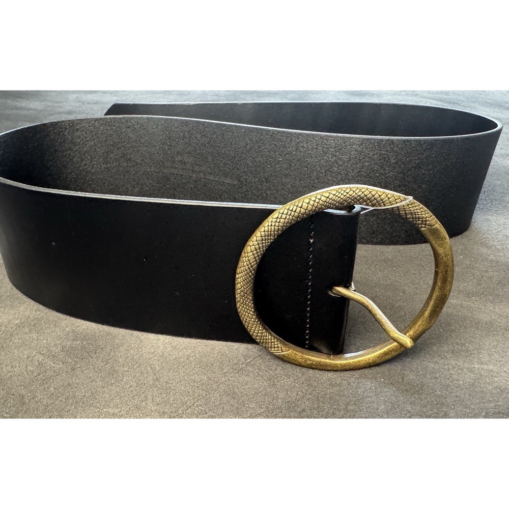 Anthropologie Black Leather Belt M/L Gold Snake Buckle Wide Waist Boho Cinch